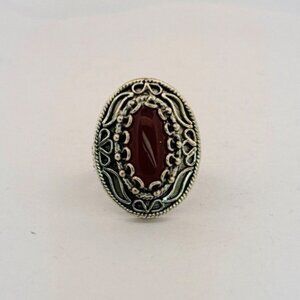 Vintage Sterling Silver 925 Red Oval Cabochon Statement Ring Size 6 Turkey
